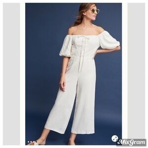 Anthropologie lace front beach ivory wide leg crop jumpsuit